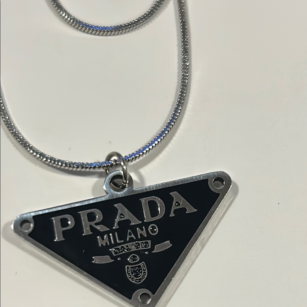 Prada Fashion  Black and Silver Logo Pendant Necklace - Picture 5 of 8